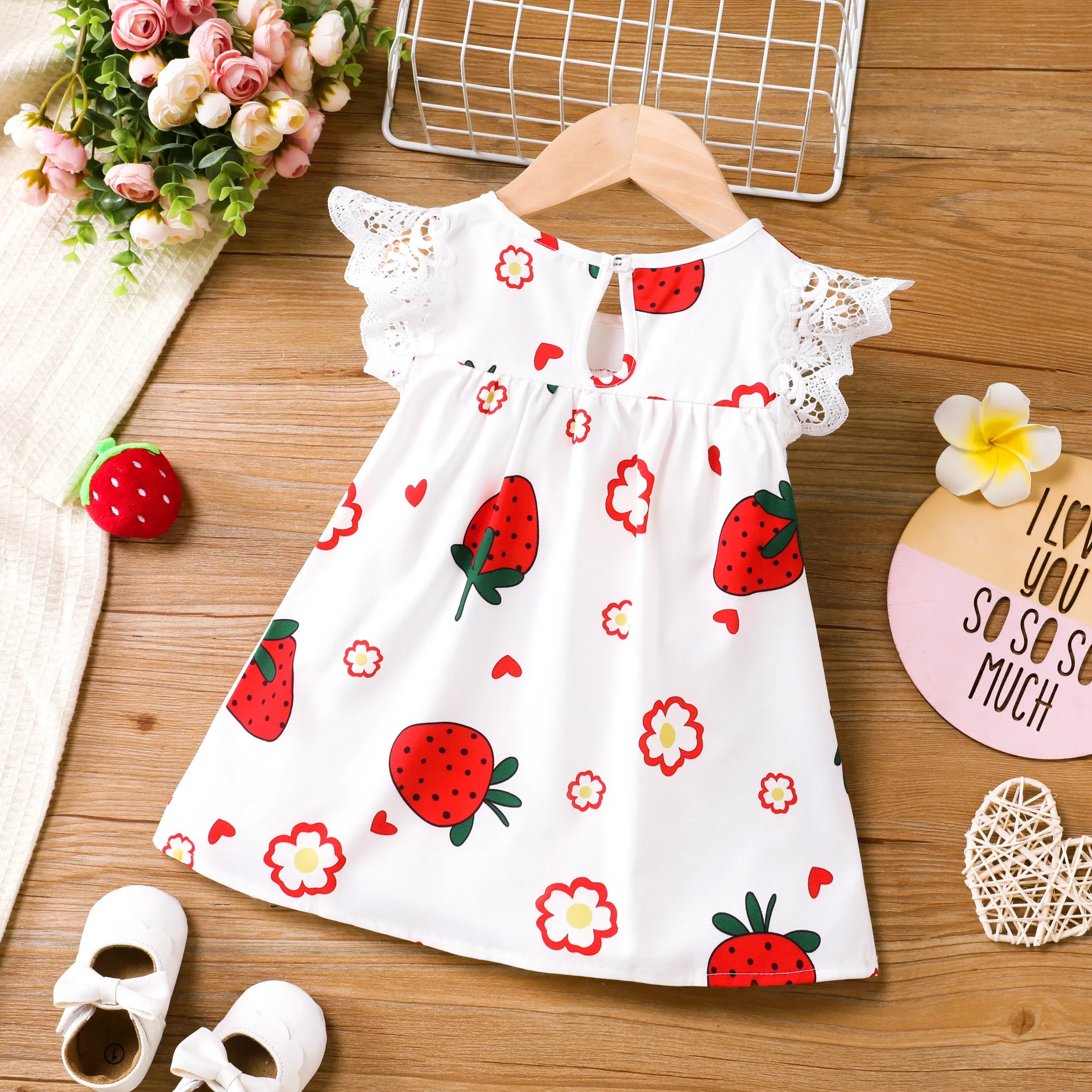 PatPat Sweet Strawberry Lace Dress for Baby Girls Suitable for Summer Season Soft and Comfortable Perfect for Outings