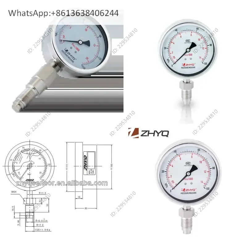 1PC Sanitary Pressure Gauge for Bourdon Tube Homogenizer with M20x1.5 Thread 100MPa to 150MPa