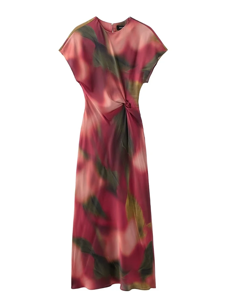 

OUROPEAN ZTATION 2025 Spring New Lady Streetwear Satin Dresses Maxi Skirt Evening Party Autumn Female O-Collar Sleeveless Dress