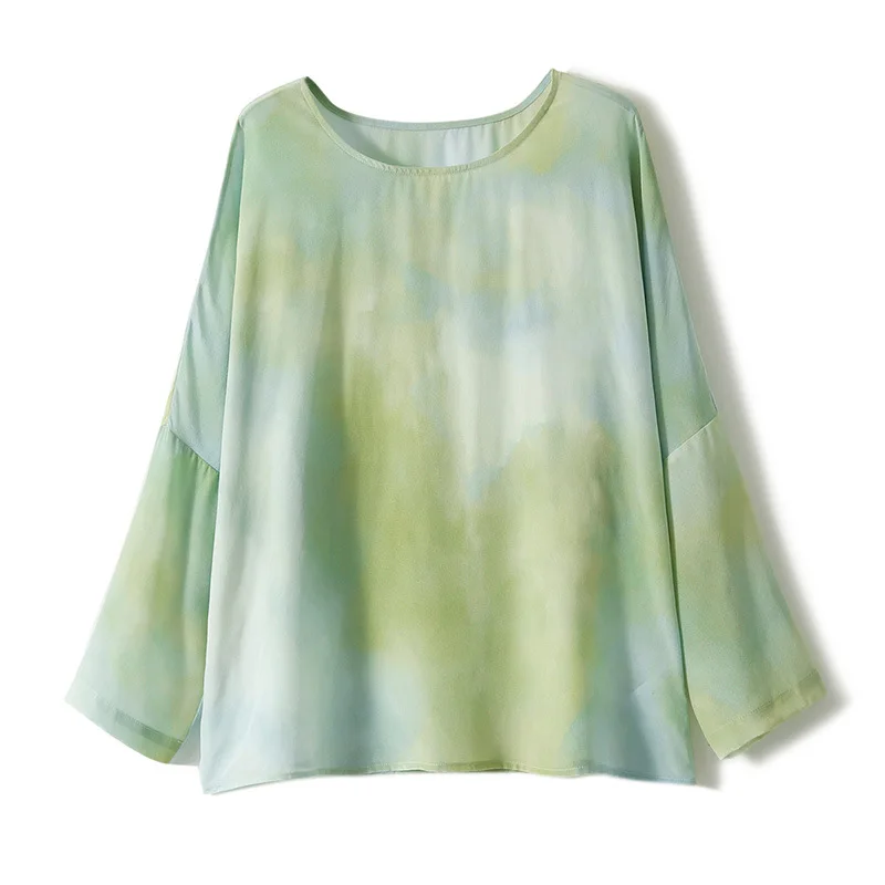 Camicia in crêpe de Chine di seta fiorita con inchiostro T-shirt girocollo stampata Top Hangzhou Purpleflower Holly Leaf Estate da donna