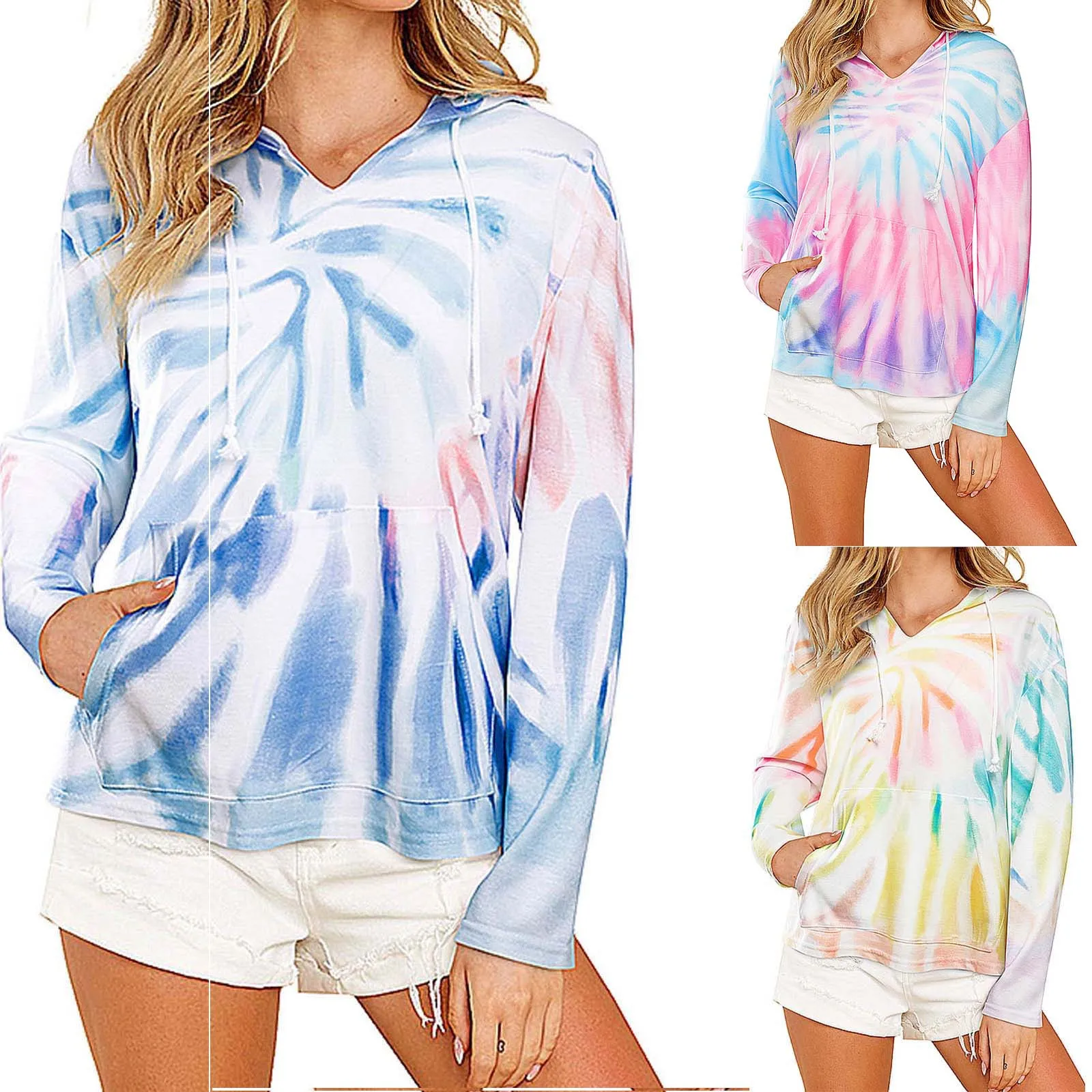 

Women's Hooded Sweatshirt Tie Dye Print Casual Loose Long Sleeve Top Open Side Gradient Color Women Streetwear Hoodie Pockets