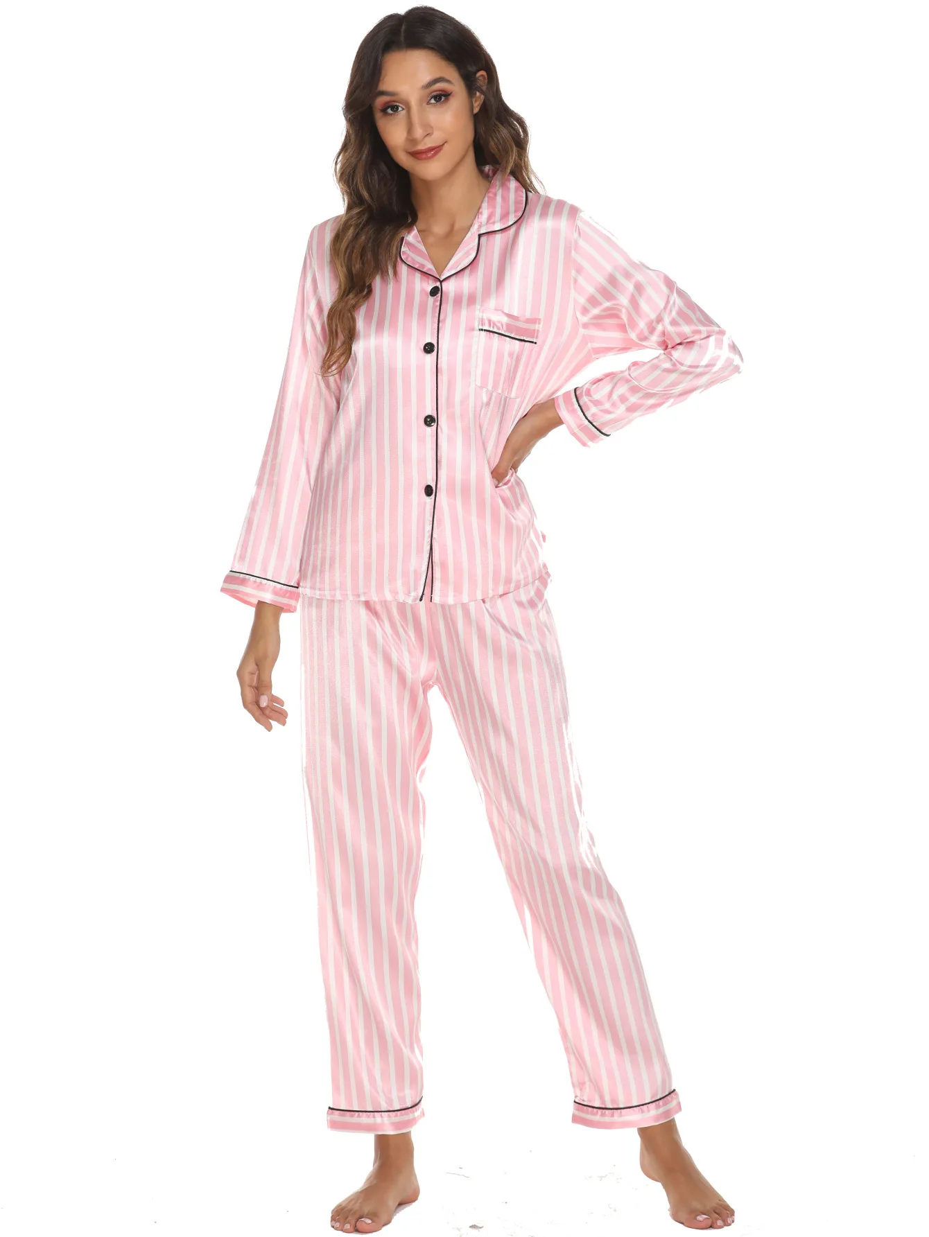 Stretch Satin Leopard Printed Home Pink Striped Comfortable Casual Simple Soft Breathable Long Sleeve Polka Dot Women\'s Pajamas