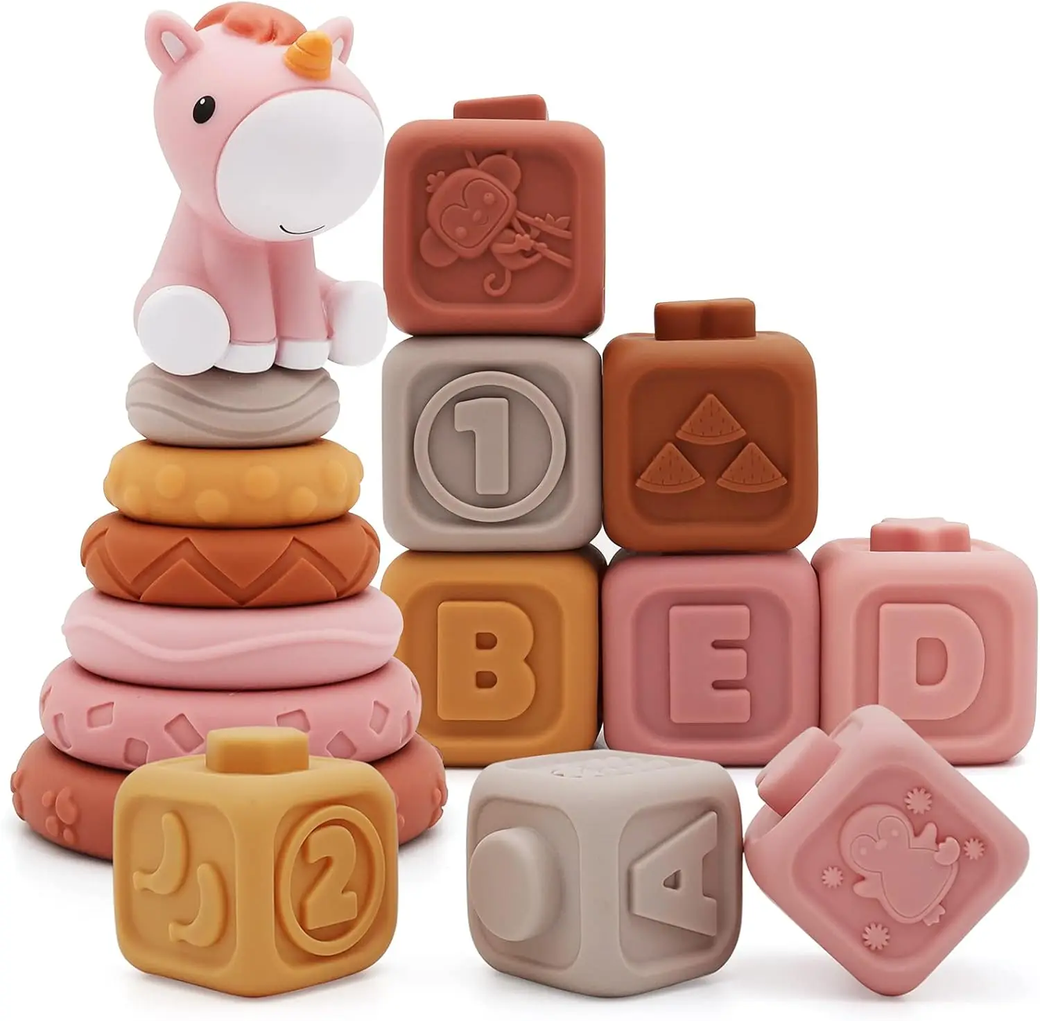 

13 Pcs Building Circle & Blocks, Stacking & Nesting Baby Toys with Horse Figure, Newborn Essentials Squeeze Teething Toy Gifts f
