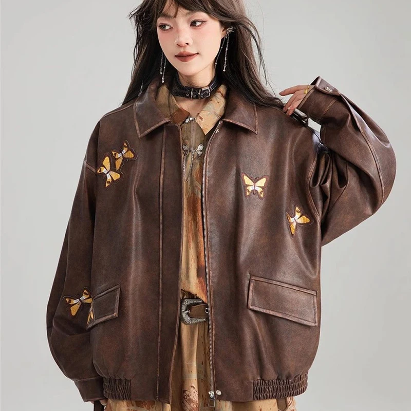 Butterfly Embroidered Pu Leater Jacket Women Zip Long Sleeve Brown Outwear Harajuku Y2K American Vintage Biker Coat