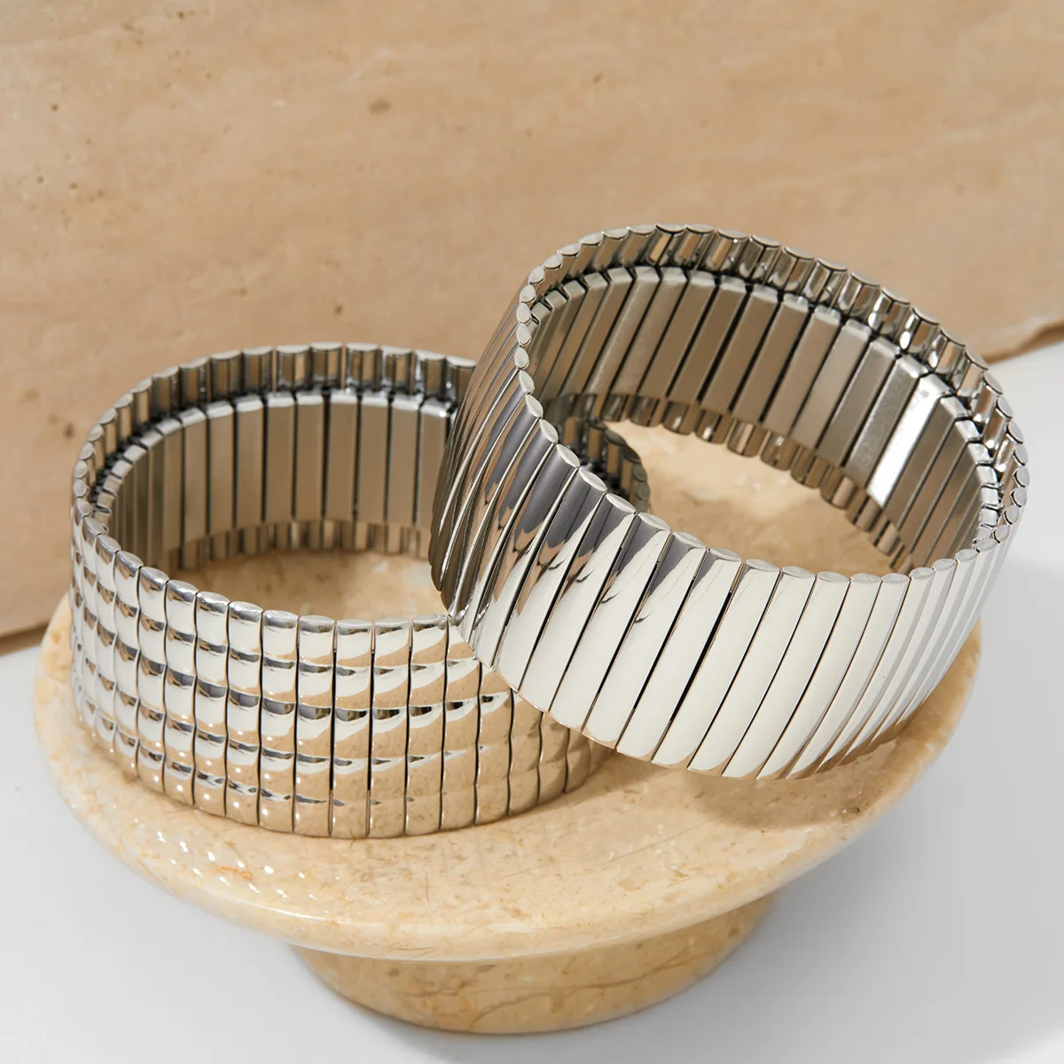 Peri\'sBox Thick Wide Elastic Stainless Steel Striped Bracelet Women\'s Classic Fashion Couple Friendship Wristband Jewelry Gift