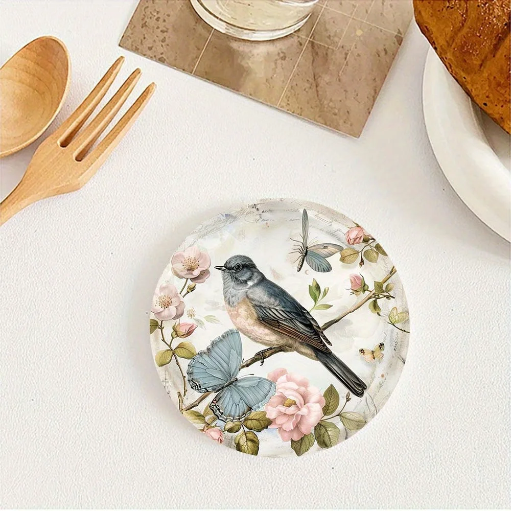 2D 10cm Natural Watercolor Illustration Round Wooden Coaster Flowers Birds Atmosphere Bird Lovers Decorative Home Bar Accessory