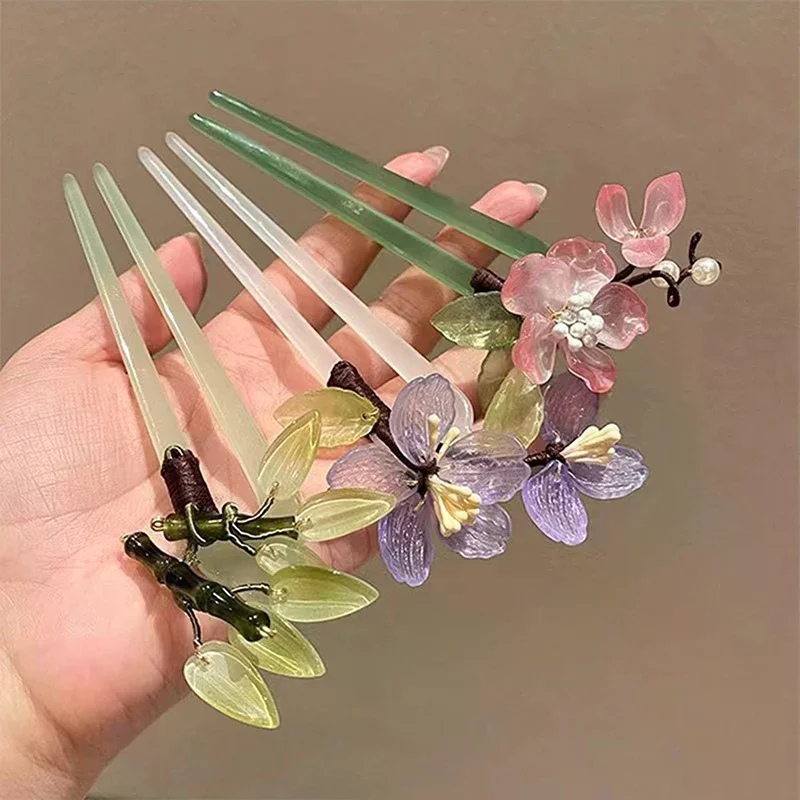 عصا شعر على شكل حرف U تتميز بزهرة الأكريليك ومشابك دبوس الشعر الصينية وإكسسوارات غطاء رأس الزفاف #3