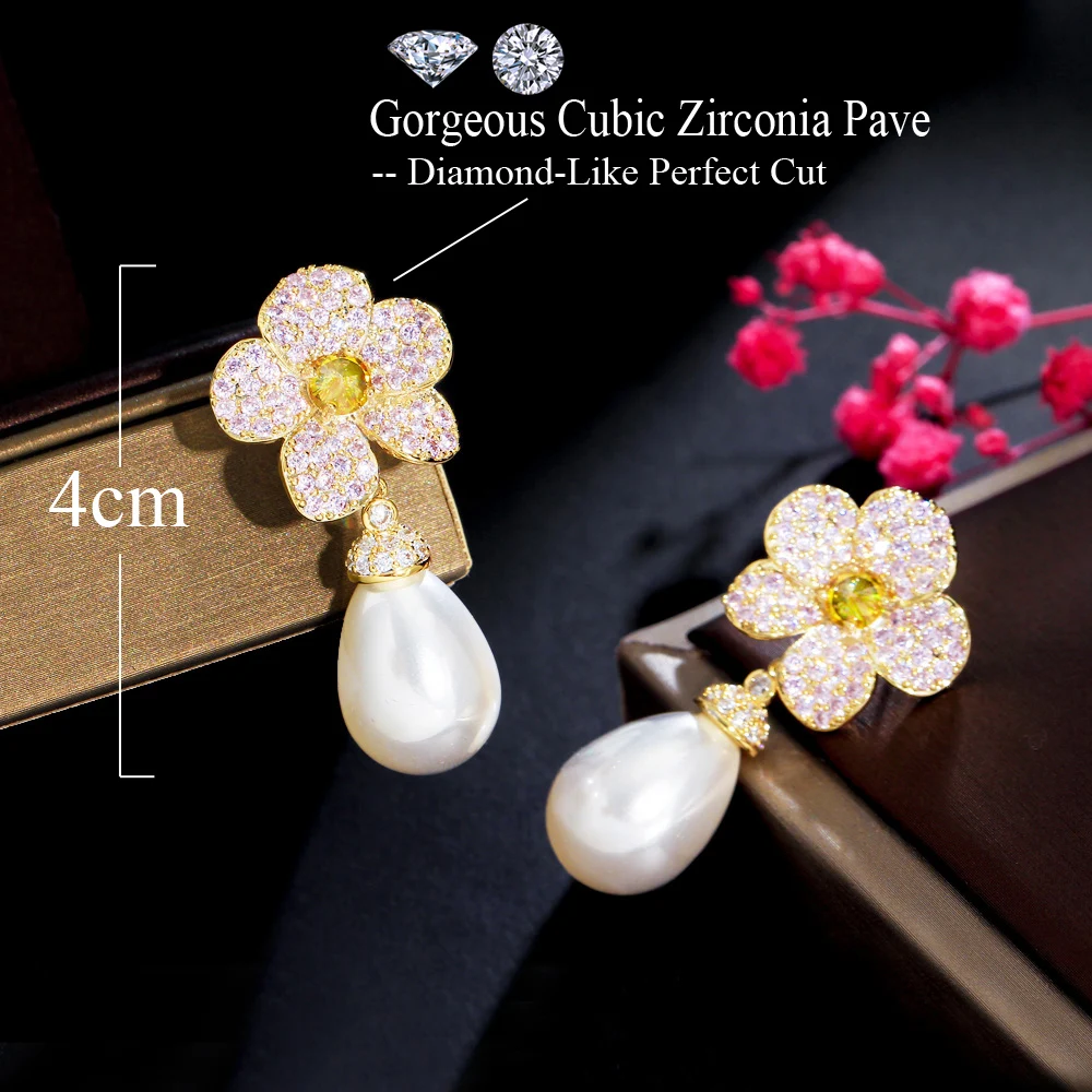 CWWZircons Bling Pink Cubic Zirconia Crystal Dangling Drop Women Party Engagement Flower Pearl Earrings Jewelry Accessory CZ497