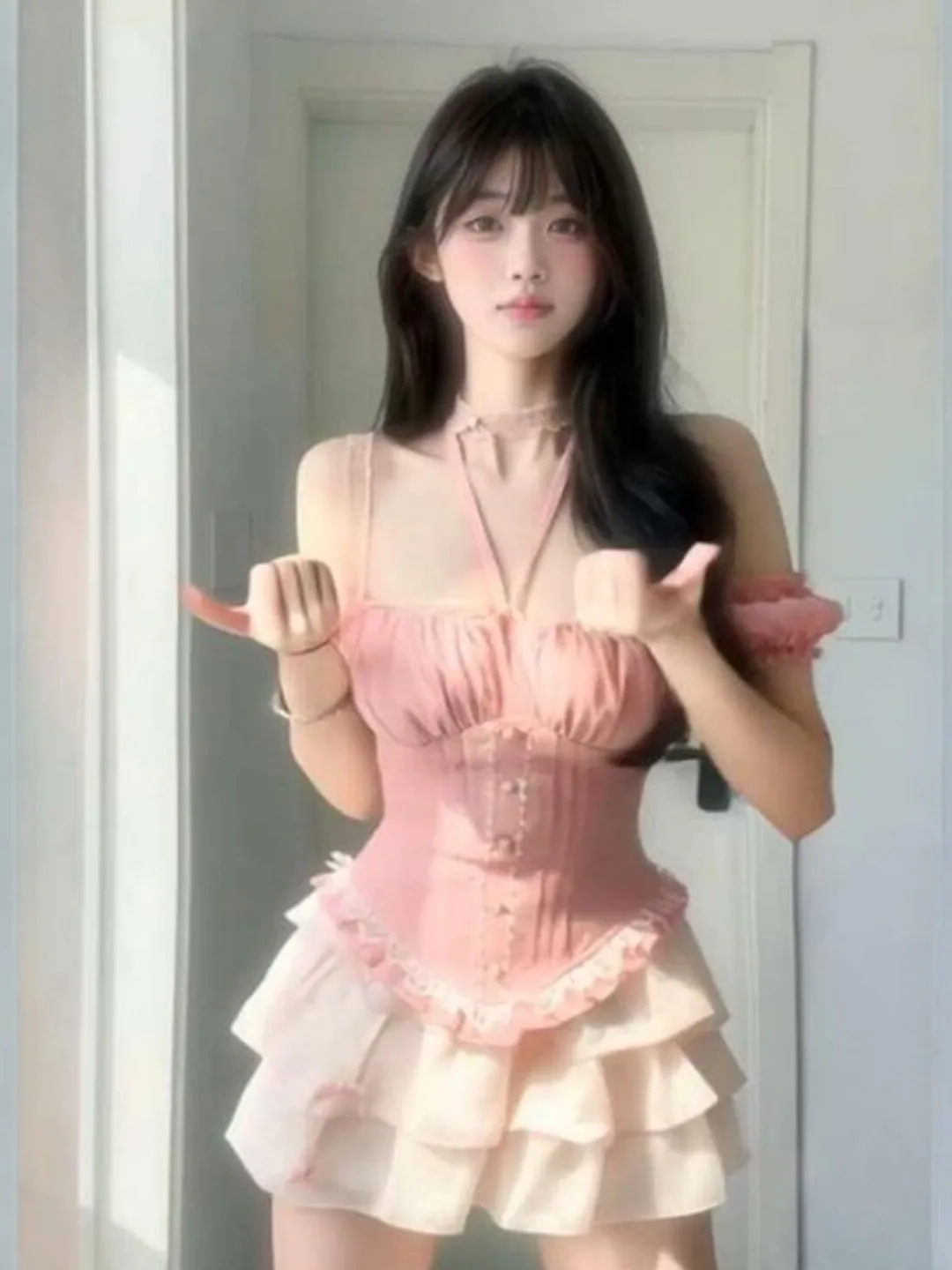 

Gentle Breeze Unique Super Cute Neck Hanging Strap Puffy Short Skirt Two Piece Set Small Size Summer Fashion Ensemble