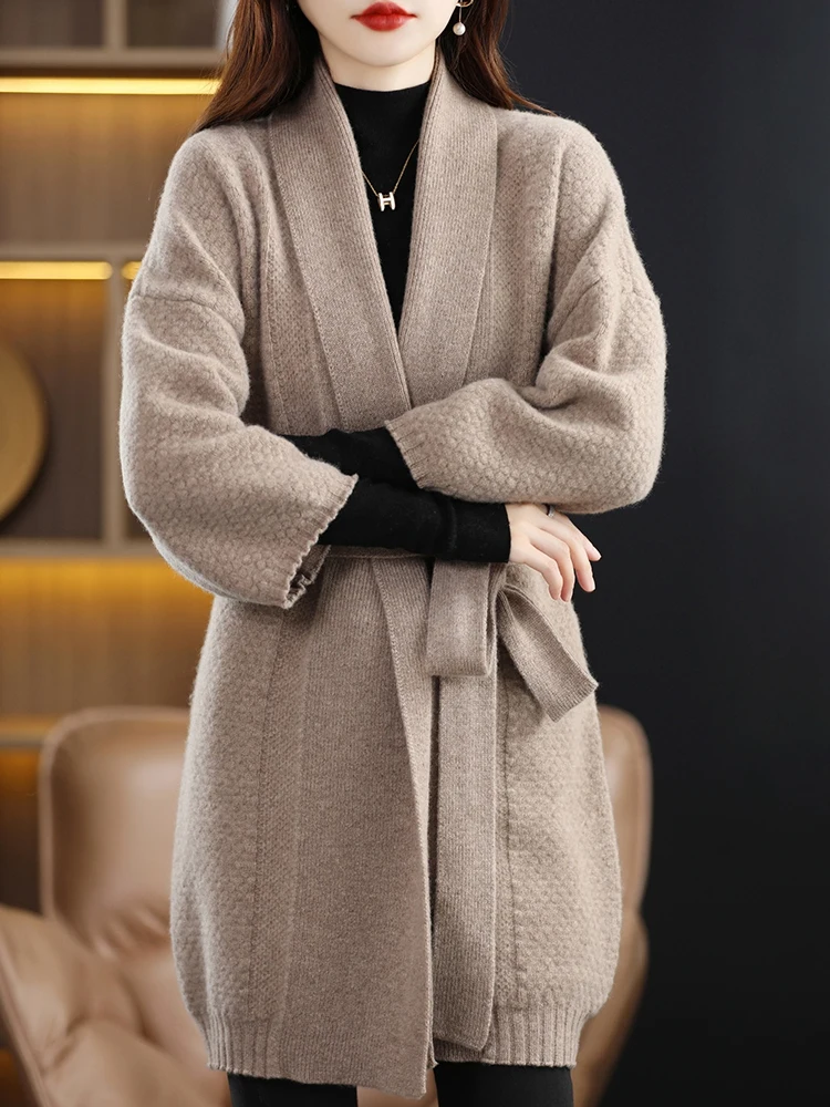 Cashmere cardigan women\'s long fashion V-neck sweater 100% Merino wool twisted long coat thick coat in autumn and winter