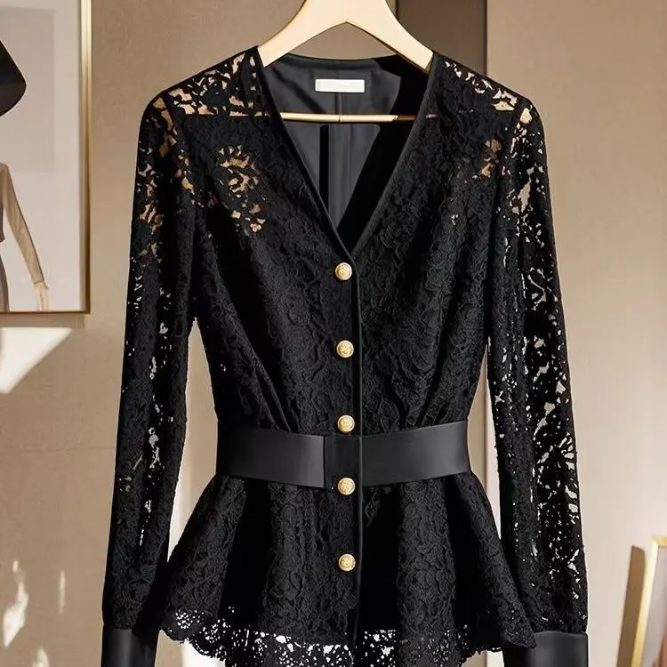 Celebrity light and familiar temperament feminine long-sleeved lace slim-fit shirt women's new high-end V-neck chic lace shirt