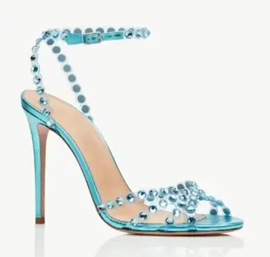 Summer Sky Blue Red Green PVC Bling Crystal Rhinestone 10 CM Thin Heels Sandals Woman Ankle Buckle Strap Slingback Party Shoes