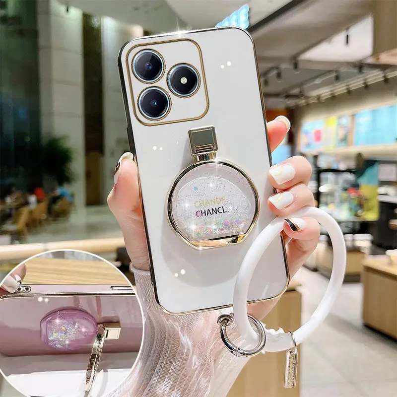 C63 Perfume Bottle Plating Phone Holder Case For Realme C63 C53 C51 C65 C55 C67 C61 Shatterproof Soft Back Cover