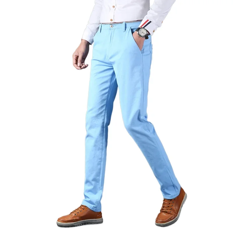 2024 New Spring/summer Cotton Mens Casual Pants, Thin Fashion Slim Fit Business Suit Trousers,  Navy Blue , Sky Blue Six Colors