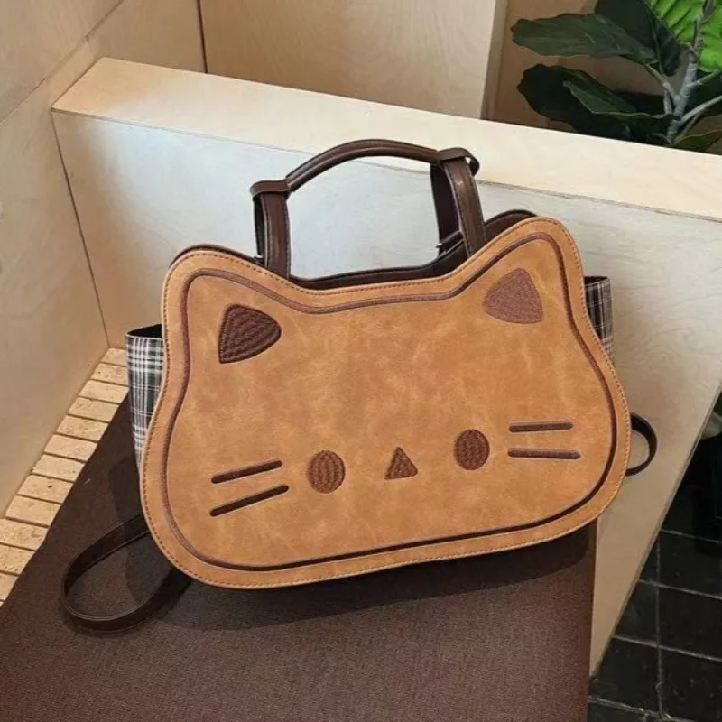Korean Ins Style Cartoon Cat Shape Backpack Girls Sweet Cute Shoulder Bag Retro PU Kawaii Daypack Large Capacity Zip Handbag