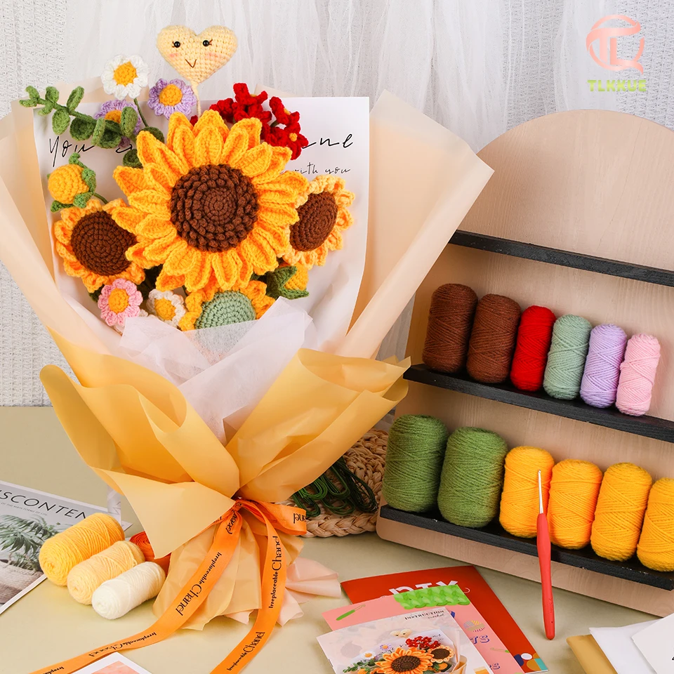 TLKKUE Crochet Flower Bouquet Kit With Instructions Cotton Yarn Thread For Beginners Handmaking DIY Non-finished Materials Set