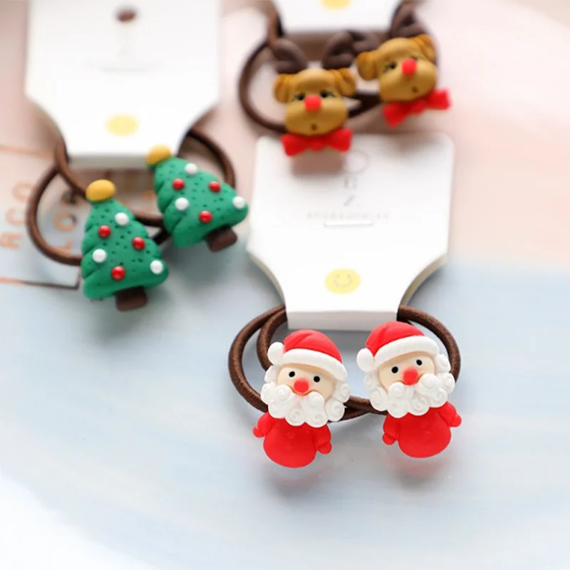 2pcs New Cute Christmas Elk Cartoon Elastic Hair Bands Rubber Hair Rope Tie Girls Hair Scrunchie Ponytail Holder Gum Accessories image 3