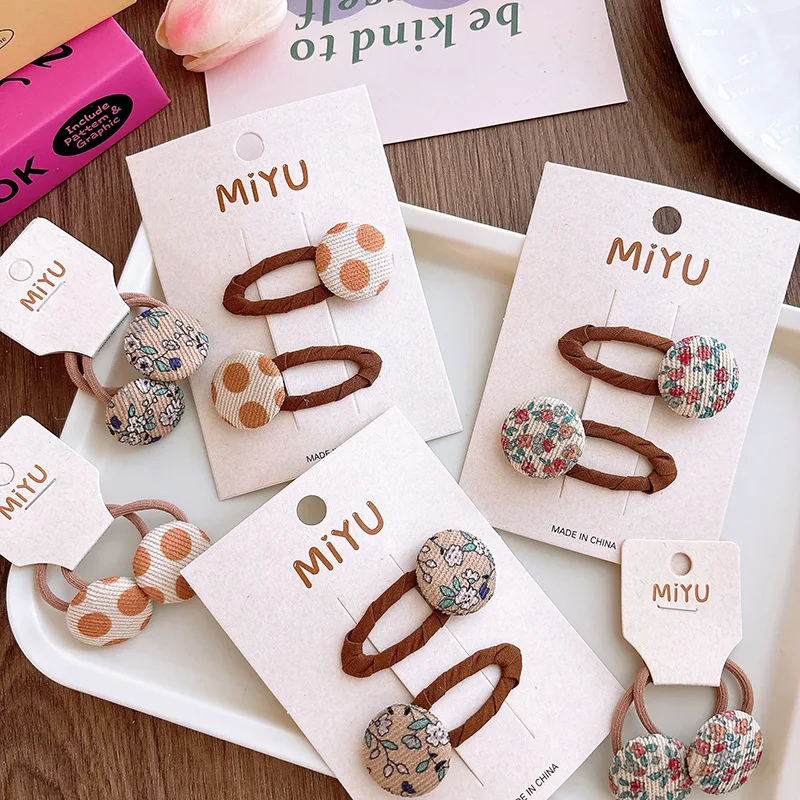 2pc Cute Dot Spot Snap Hair Clips Floral Printed Pins Baby Cotton Hairpins Kid Elastic Hairbands Girls Barrette Hair Accessories