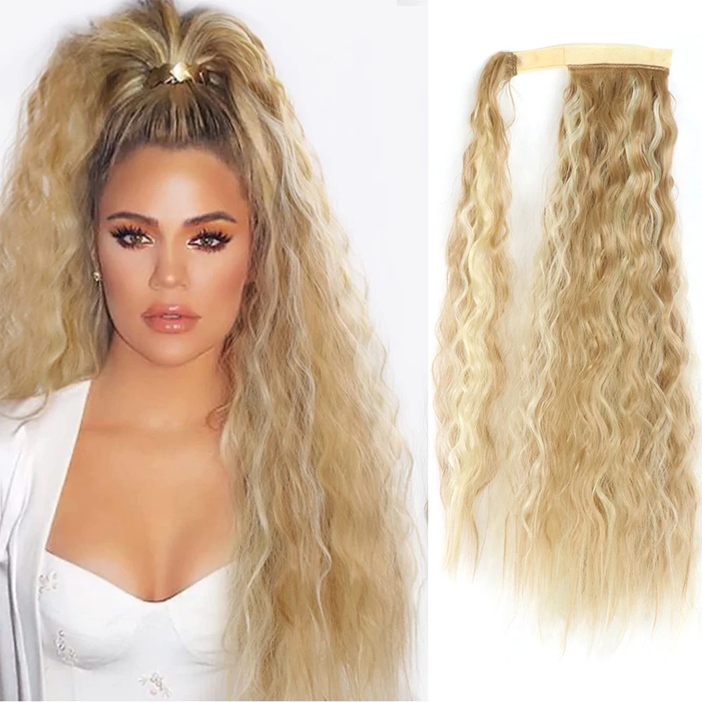 

Corn Wavy Long Ponytail Synthetic Hairpiece Wrap Clip On Hair Extensions Ombre Brown Pony Tail Blonde Fack Hair