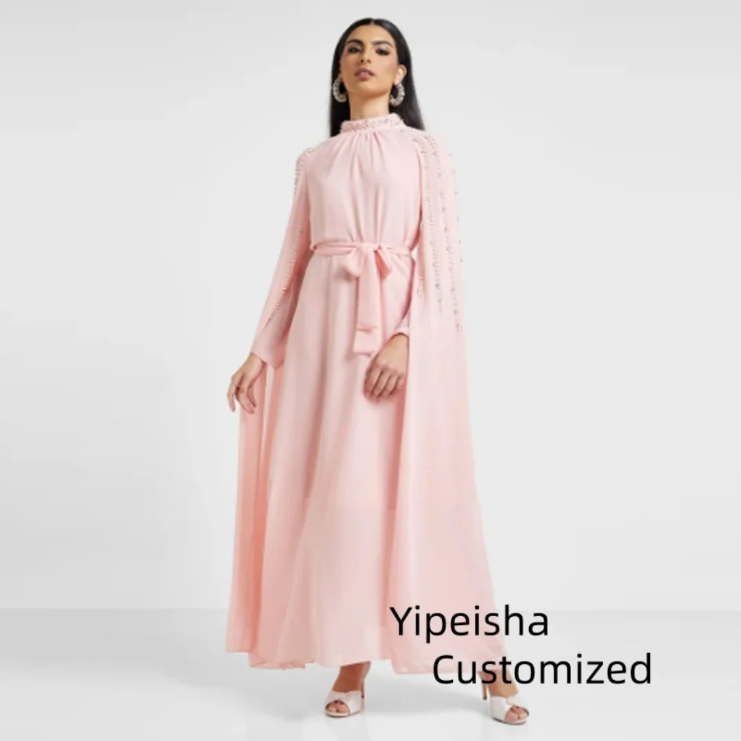 فساتين سهرة رسمية أنيقة مخصصة من الشيفون برقبة عالية وأكمام طويلة لامعة مطرزة شال مطوي دبي فساتين لحضور الحفلات الموسيقية فساتي #3