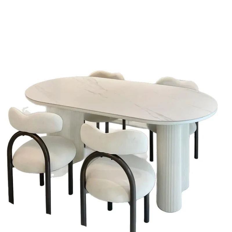 

French rock slab oval dining table cream dining table and chair combination