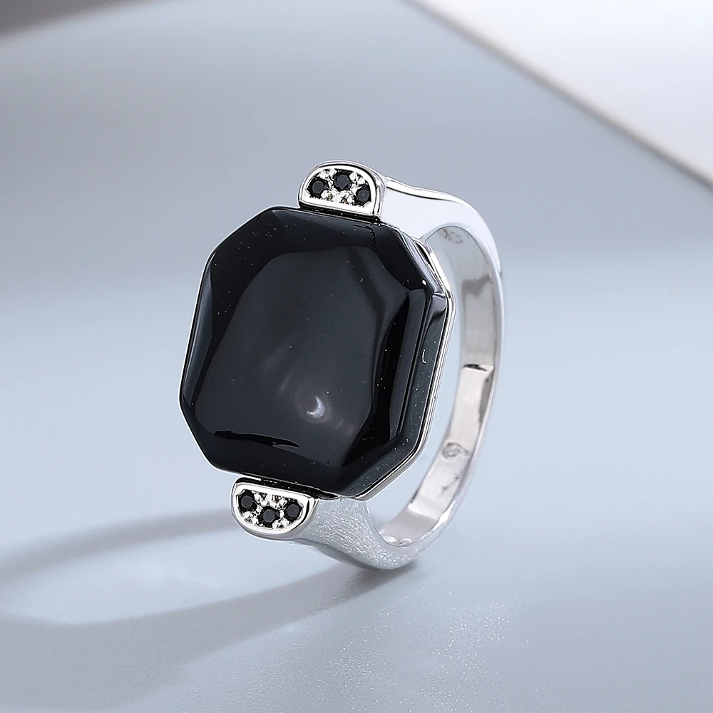 

S925 Silver Jewelry Ring Natural 13*12mm Octagon Big Black Agate Stone Vintage Ring For Women Party Gifts