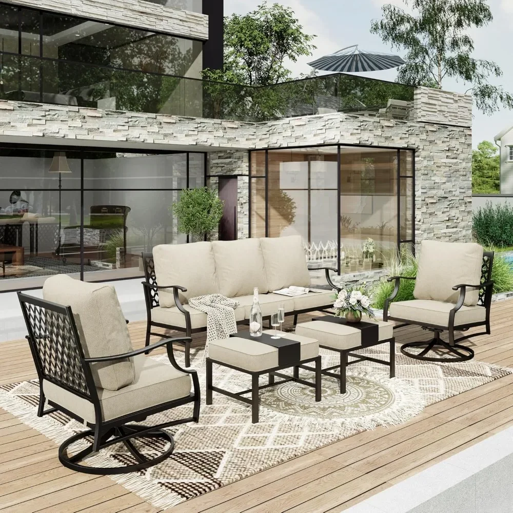 1 x 3-Seat Sofa, All Cushioned 7 Seats Outdoor Conversation Set，5 Piece Patio Furniture Set, 2 x Swivel Chair, 2 x Ottoman,
