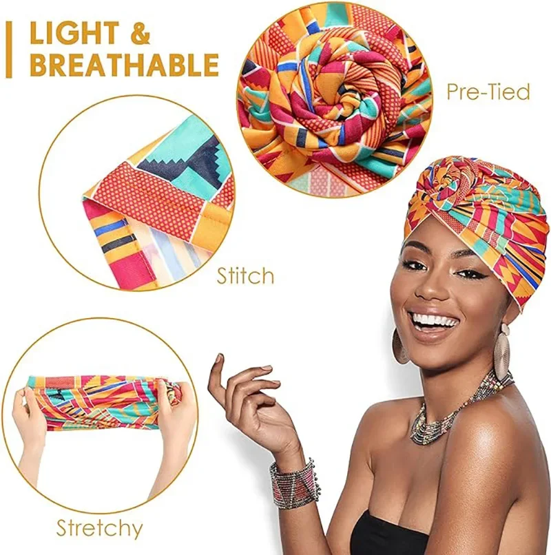 

New African Print Pleated Turban Floral Beanie Pre Tied Front Knot Elastic Head Wrap Elegant Women Chemo Cap Bandana Headwear
