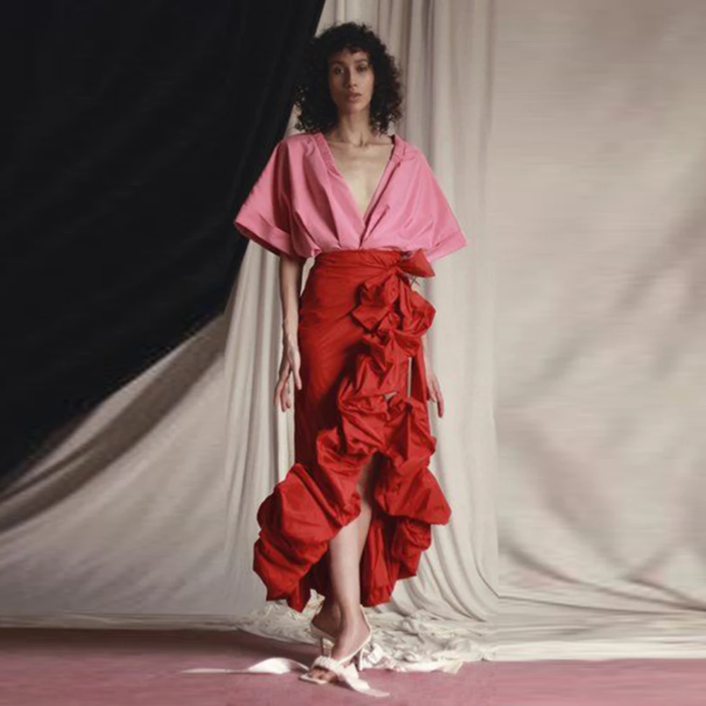 Red Ruched Long Skirts Ruffles  Sexy Split Lady Saias Girls Wedding Guest Party Gowns Women Formal Occasion Wear Skirt