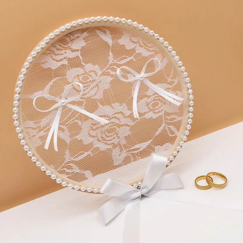 1pcs White Wood Lace Round Ring Pillow Holder Cushion Bearer Engagement Photo Props Wedding Decor Proposal Marriage Ring Pillow