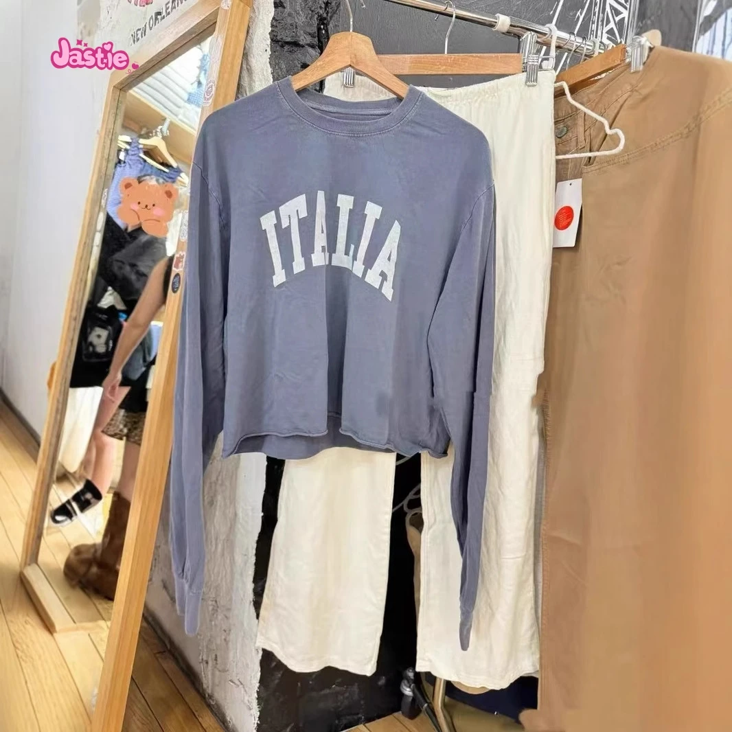 ITALIA Letter Print Fashion Short Sweatshirt Edge Curl Navy Blue Autumn Pullovers O-neck Long Sleeve High Street Y2K Tops Woman