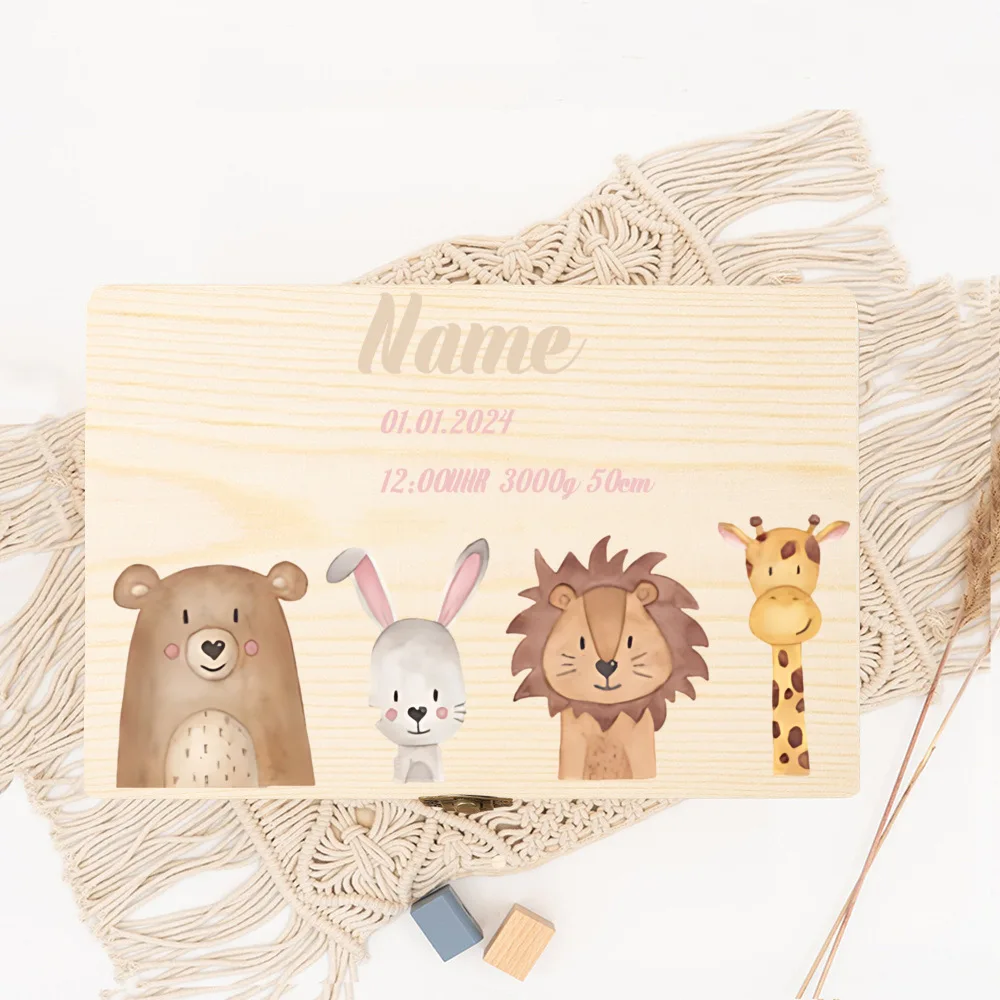 Personalised Baby Jungle Animal Wooden Memory Baby Gift Birth Gift for Newborn Mum Dad Parents Gifts Newborn Babies Keepsake