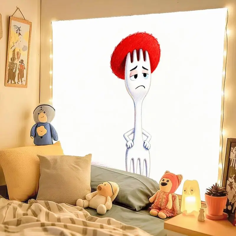 1pc toy story 4 forky com chapéu vermelho tapeçaria, arte de parede de poliéster fofa e engraçada para decoração de quarto de crianças, sala de estar, presente para dis