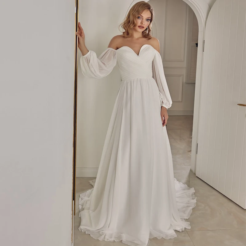 

Eightree Sexy Wedding Dresses 2022 Puff Sleeves Sweetheart Bride Dress Sweep Train A-Line Wedding Evening Prom Gowns Plus Size