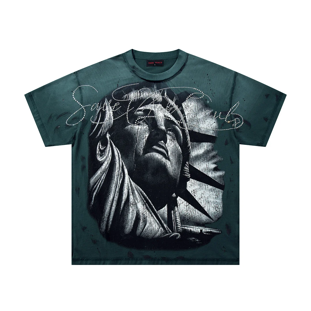 26SS Men T‑Shirt Rhinestone Statue Of Liberty US Flag Print Short Sleeve Tees Oversized Rare Peace Loose Casual Cotton T‑Shirt