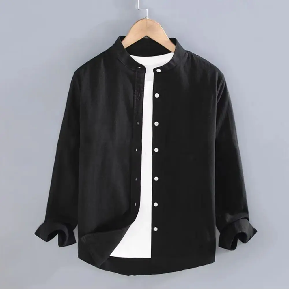 Men Spring Shirt Single-breasted Stand Collar Cardigan Long Sleeevs Loose Plus Size Mid Length Men Fall Top