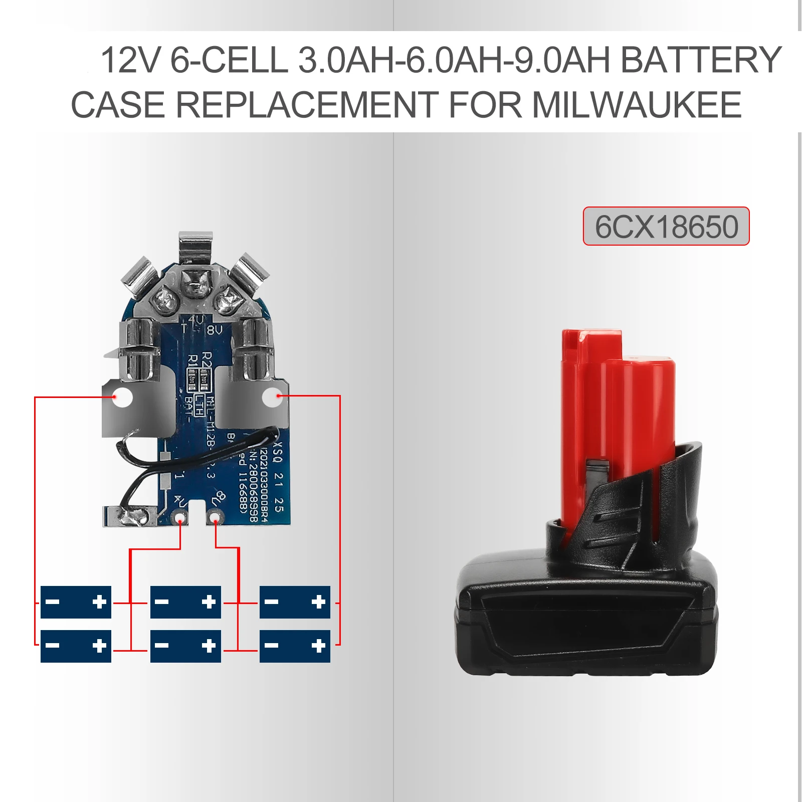 Plastic Case Repair Kit Part For Milwaukee 12V Battery 6-Cell 3.0Ah-6.0Ah-9.0Ah Battery Case Replacement (No Battery)