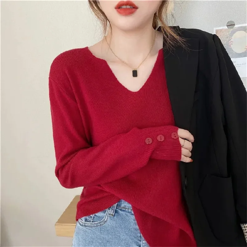 Women\'s Half-High Collar V-Neck Curling Knitted Bottoming Shirt Long Sleeve Inner Wear Pullover Sweater Top Autumn Winter 2024 N