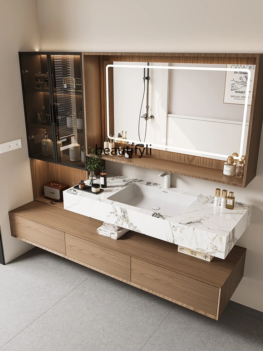 Minimalist walnut color, rock slab integrated basin, rubber wood bathroom cabinet combination washbasin