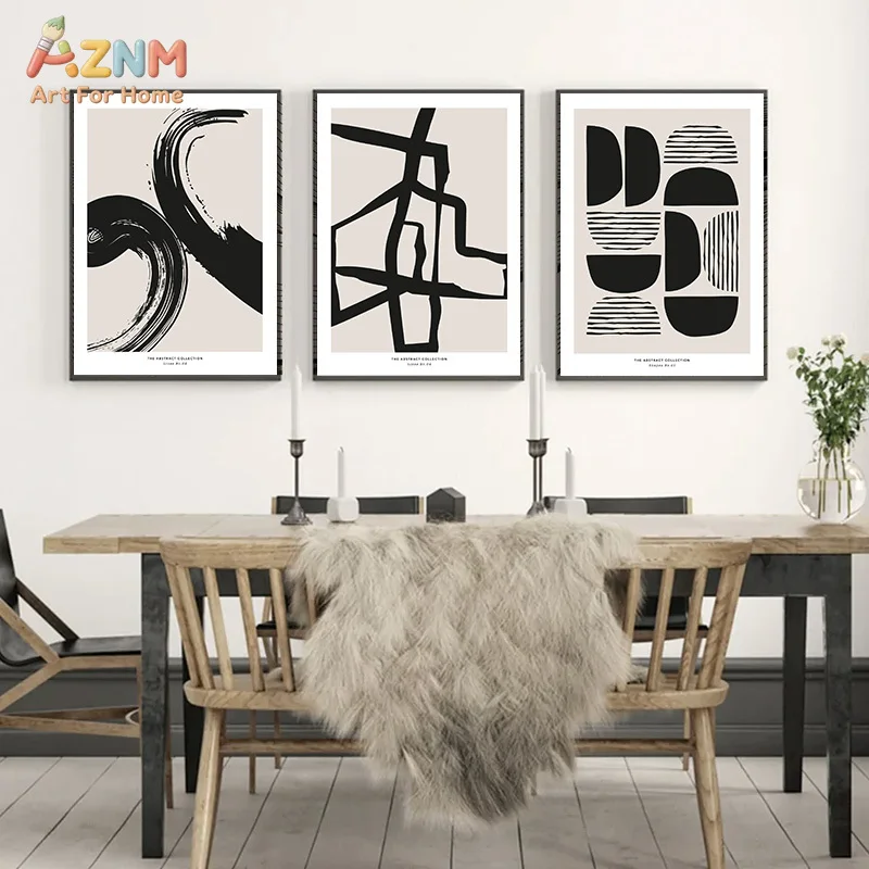 AZNM Black Beige Abstract Line Canvas Wall Art Minimalist Geometric Brush Strokes Print Frameless Canvas Painting Modern Home De