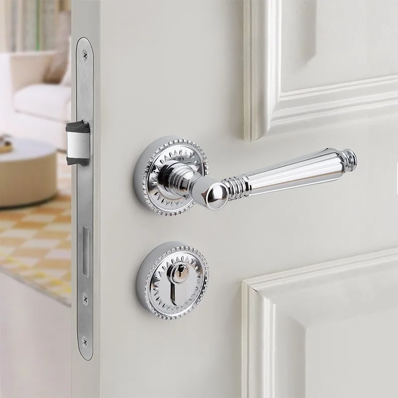 Pure Copper French Silent Door Lock, High Grade Rust-proof Antique Silver Brass Handle for Indoor Bedroom Wooden Door Hardware
