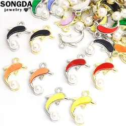 10pcs Alloy Enamel Dolphin Mix Charms Inlaid Pearls Cute Marine Animal Pendant Diy Jewelry Making Necklace Bracelet Accessories