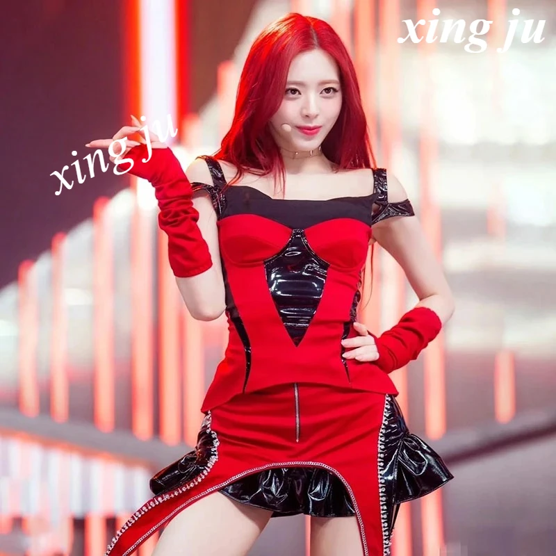 

Kpop Korean Singer Red Sexy Sling Tops Irregular Skirt Stage Costume Women Group Jazz Performance Costume Festivals Rave Outfits