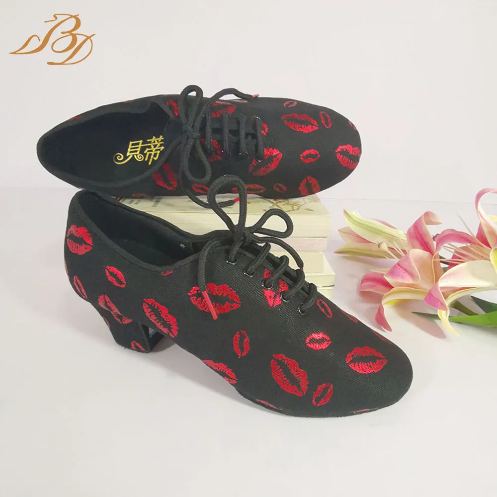 BD Dance Latin American Shoes Sneakers Dance for Woman Perform Social Jazz Sports Fitness Tango Argentina Shoes Red Lips T1-B