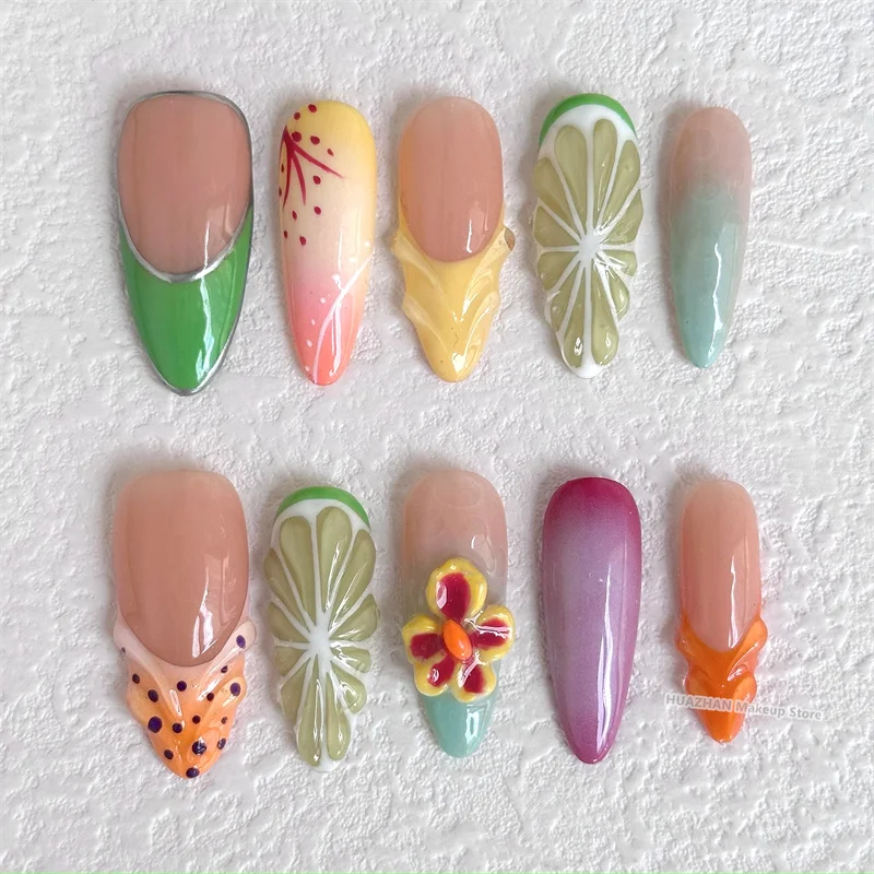 3D Flower Press On Nails Handmade Acrylic Nails Almond False Nails Reusable Short Fake Nail With Glue Gift Full Cover Nail Tips