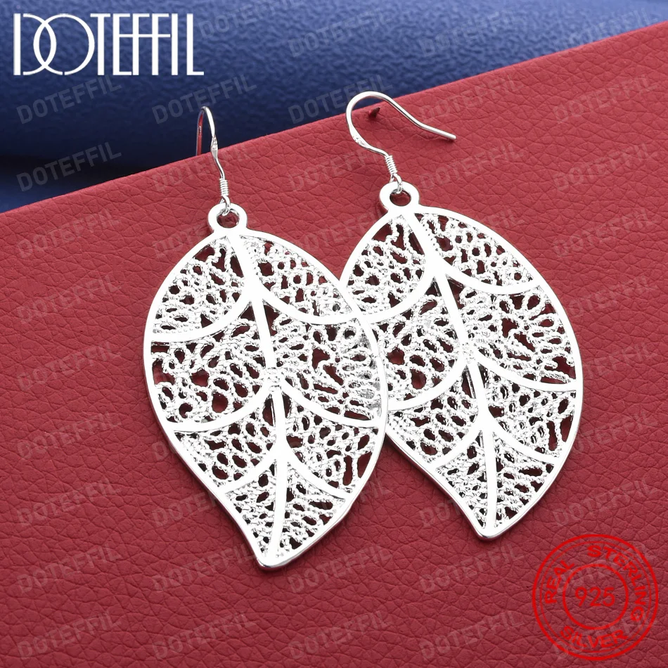 925 Sterling Silver Delicate Openwork Leaf Earrings for Women, Fashionable Wedding Party Gift Jewelry