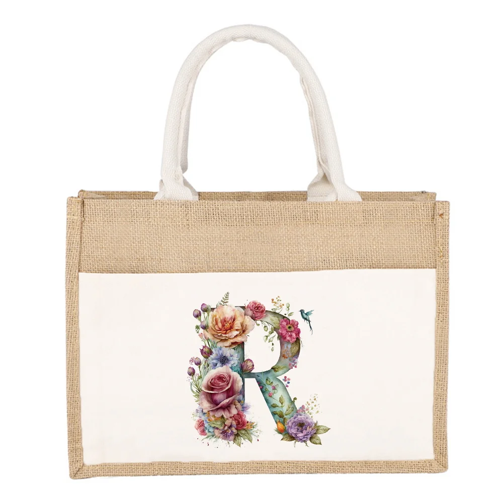 Bolso de hombro de lino con estampado Floral para mujer, bolso de mano de arpillera de imitación de lino amarillo, bolso de compras sencillo