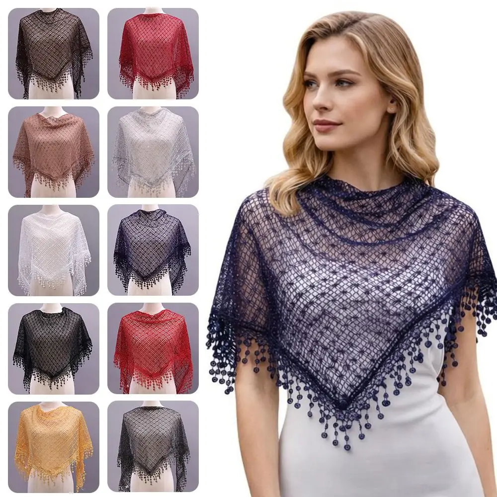 

Breathable Tassels Lace Head Scarf Polyester Elegant Lace Flower Sequin Decor Scarf Triangular Hollow Triangle Scarf Church