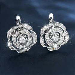 Charm Bridal Rose Flower Hoop Earrings For Women Silver Color White Zircon Wedding Ear Buckle Valentine Day Party Jewelry Gifts