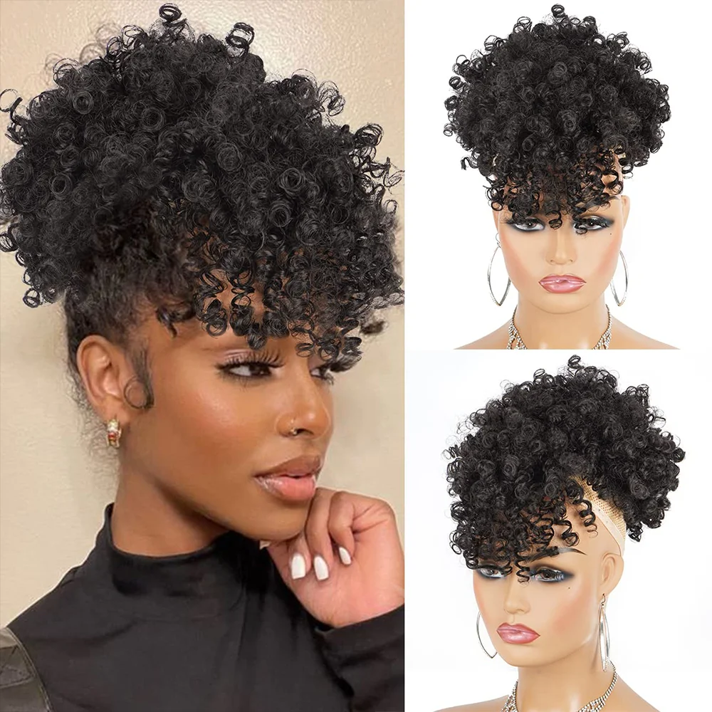 Afro Puff Drawstring Ponytail Short Kinky Curly Hair Bun with Afro Puff Bangs and Spring Curl Bangs Synthetic Messy Bun Clip